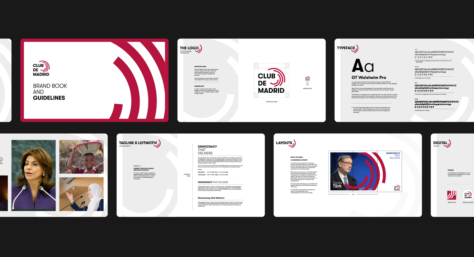 Club de Madrid brand guidelines showing logo, typography, layouts and image direction.