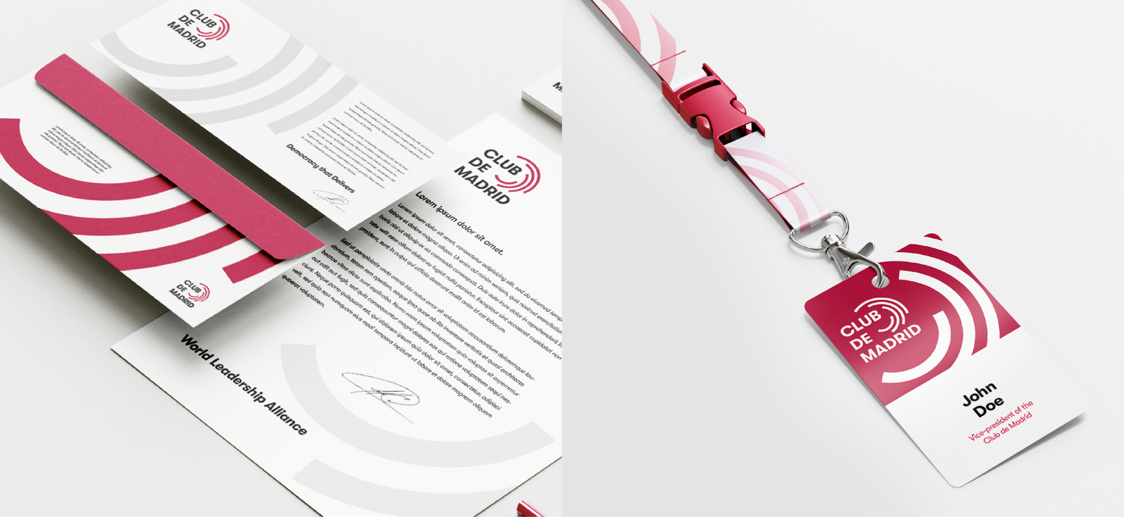 Club de Madrid stationery and identification badge using the refreshed brand identity.
