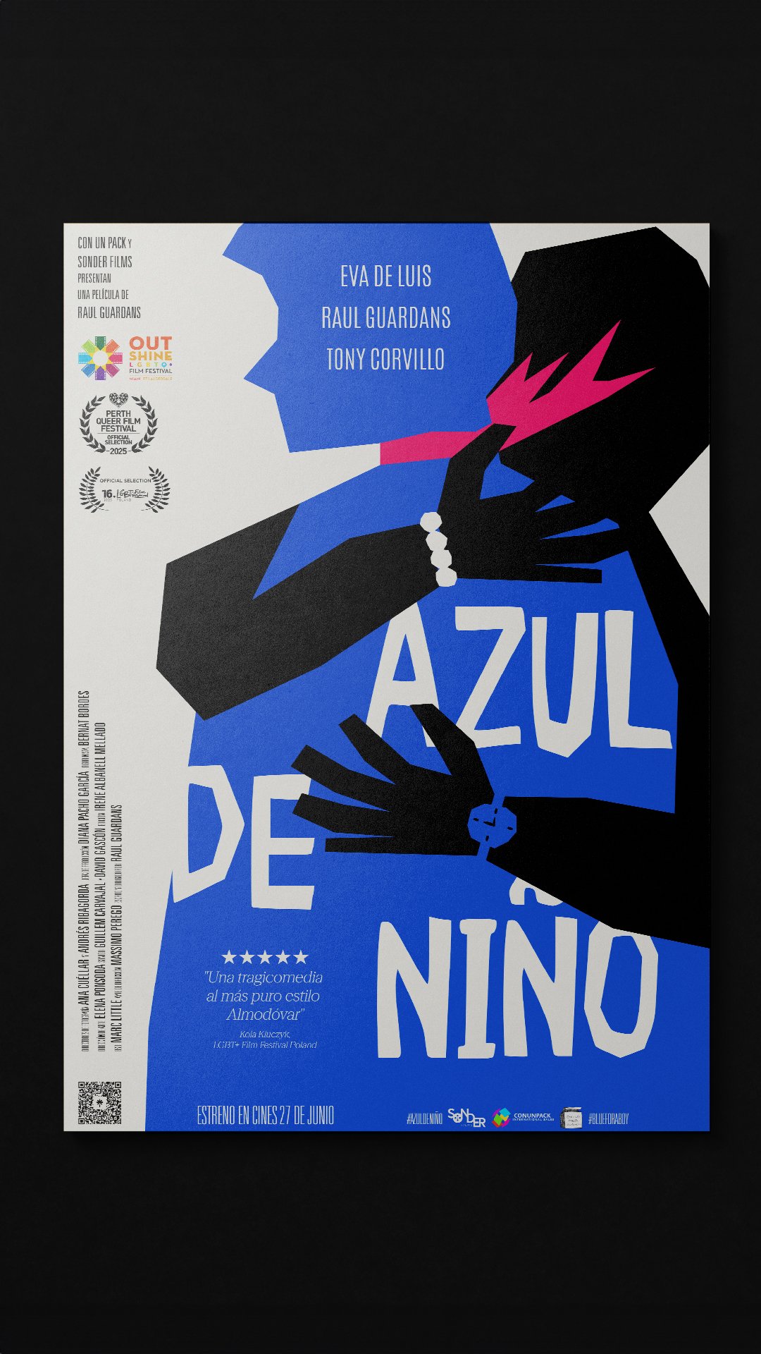 Azul de niño film poster in blue, black, off-white and pink.