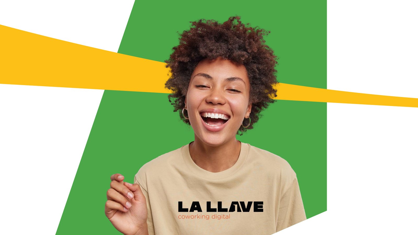 La Llave brand image with a smiling person framed by green and yellow graphic shapes.
