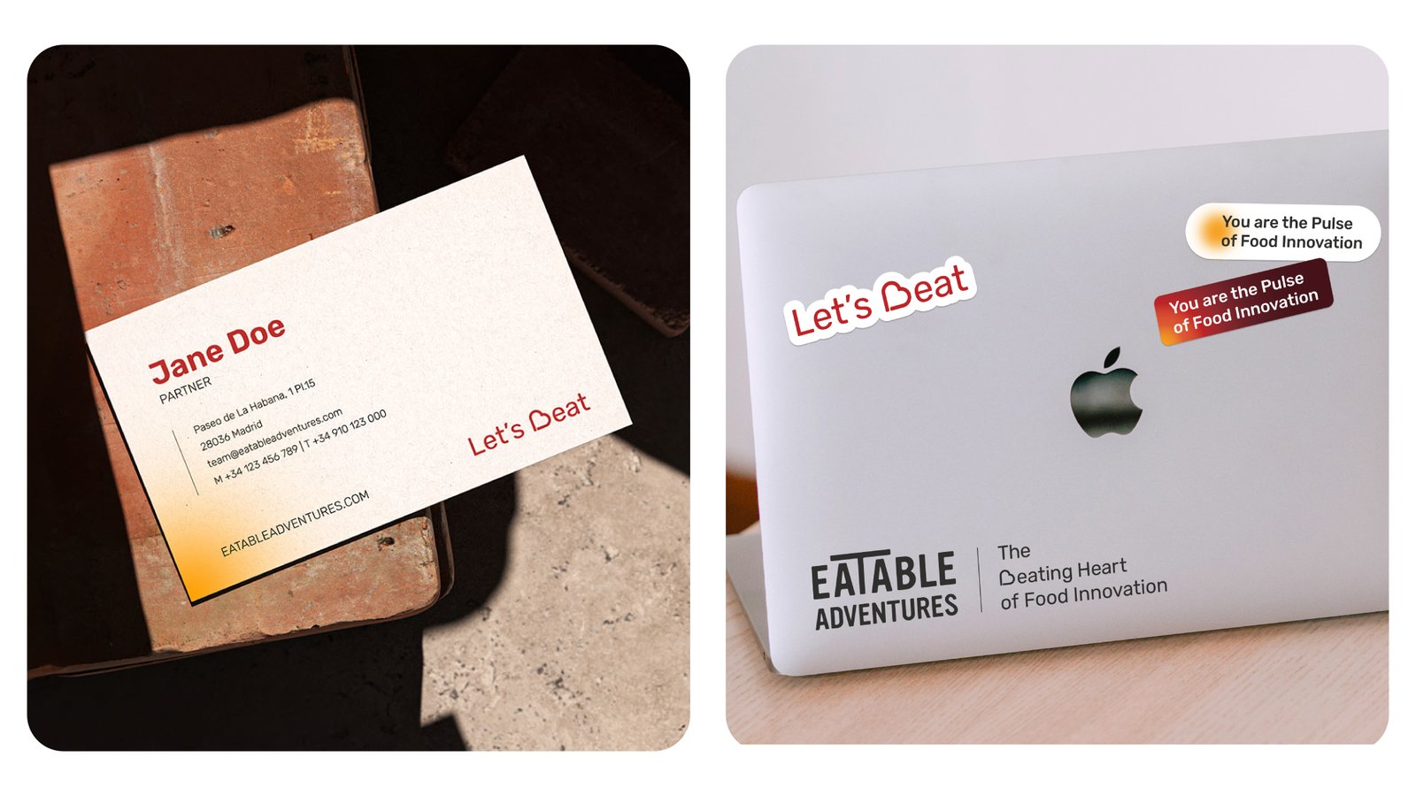 Eatable Adventures brand evolution applied to printed and digital materials.