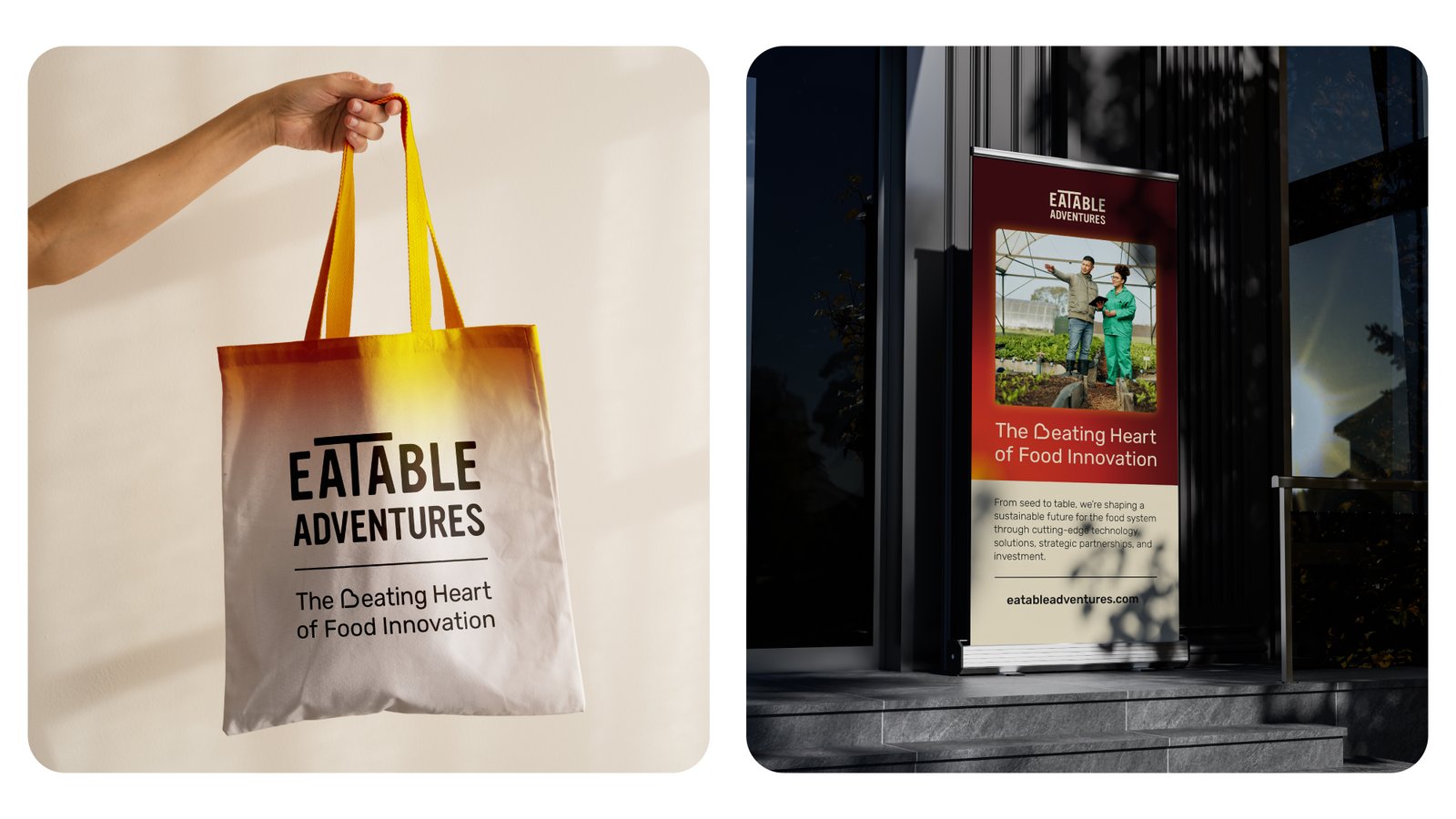 Eatable Adventures visual identity applied across communication materials.
