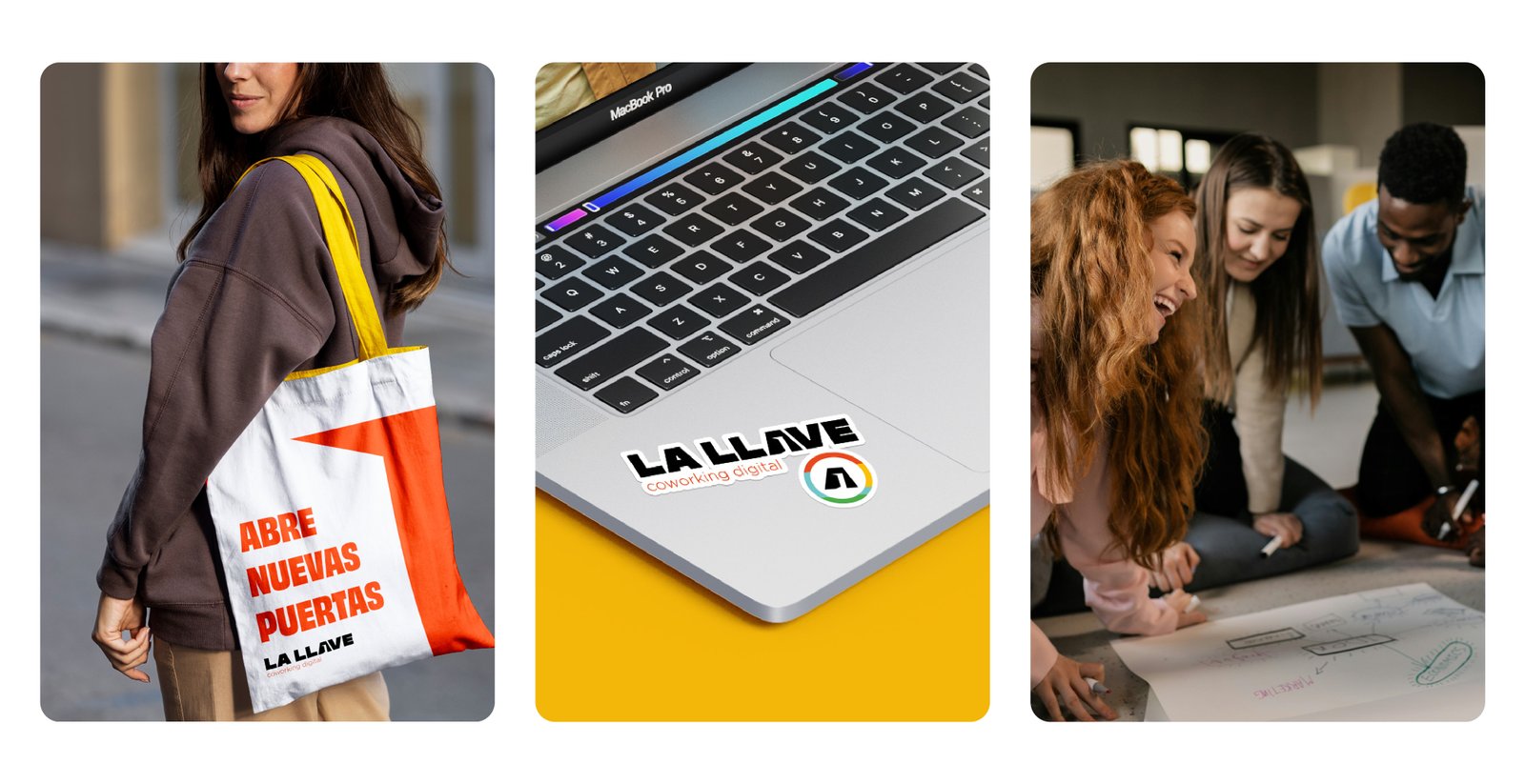La Llave identity across merchandise, digital applications and collaborative workspace imagery.
