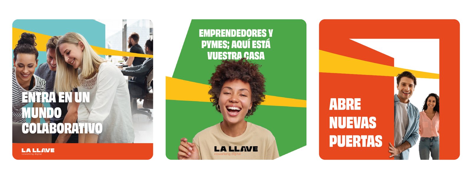 La Llave social media applications using the brand's bold shapes, colour and typography.
