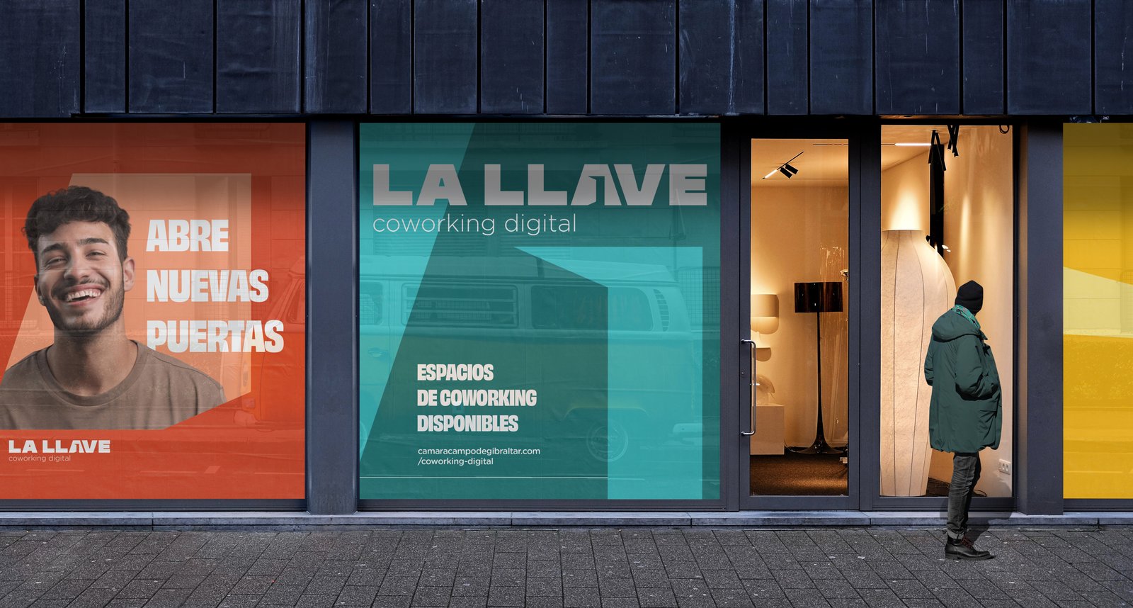 La Llave environmental graphics applied to the coworking space windows.